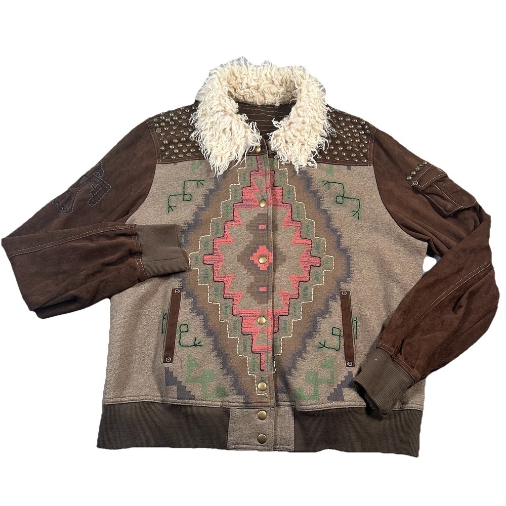 Double D Ranch Wear Jacket Womens 1X Brown Suede Southwestern Aztec Fringe